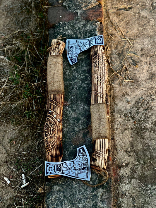 Viking Axe for Sale – 20” Hand-Forged High Carbon Steel Blade with Engraved Wooden Handle & Leather Sheath