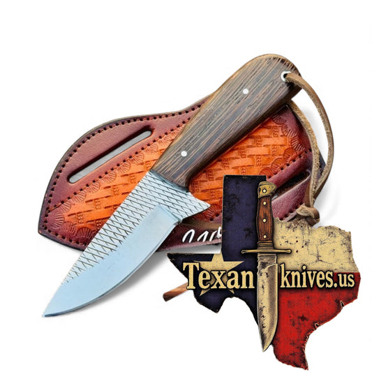 Handmade Western Knife & Leather Sheath – 3.75" Rasp Steel Blade with Wenge Wood Handle