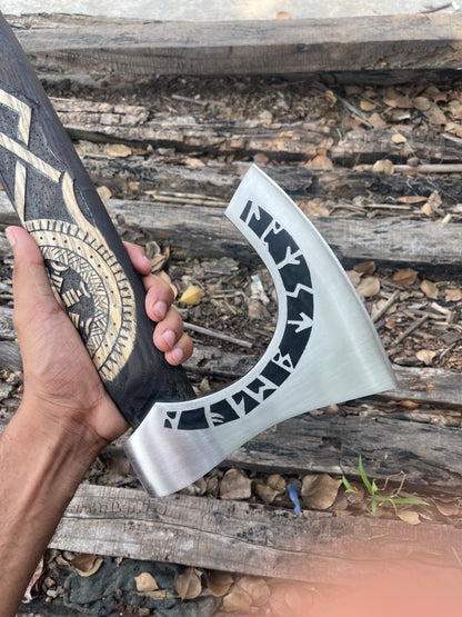 Norse Axe – 20” Hand-Forged High Carbon Steel Blade with Engraved Wooden Handle & Leather Sheath