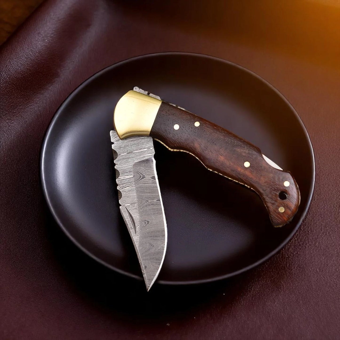 Cowboy Pocket Knife – 3" Damascus Steel Blade with Wooden Handle & Leather Case
