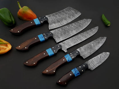 Hand Forged Damascus Steel 5-Piece Chef Knife Set