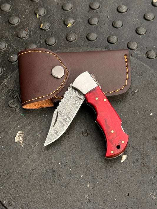 6 inch Folding Knife with Leather Sheath and handmade colored handle