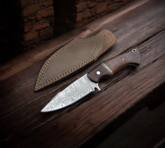 American Wilderness Bushcraft Knife – 8.25" Handmade Damascus Blade with Burl Rosewood Handle