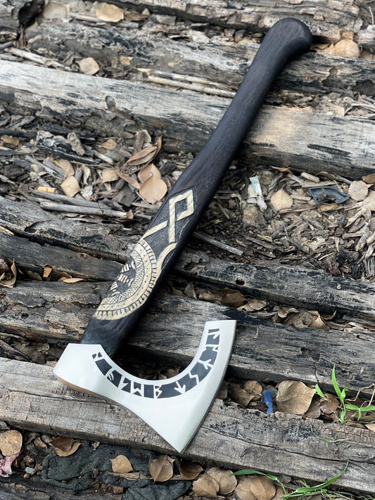 Norse Axe – 20” Hand-Forged High Carbon Steel Blade with Engraved Wooden Handle & Leather Sheath