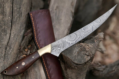 Elegant Custom Fillet Knife Featuring Brass Bolster and Leather Sheath