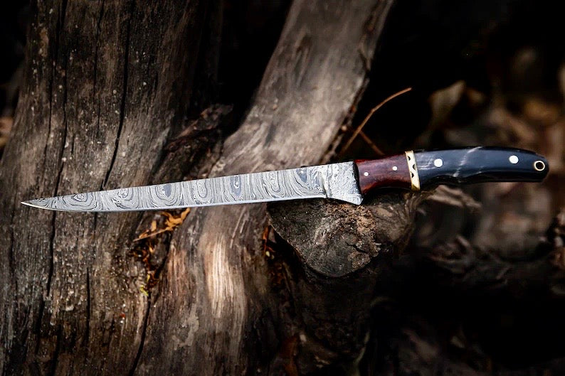 "Elegant Damascus Fillet Knife with Leather Sheath and Rose Wood Handle"