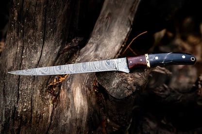 "Elegant Damascus Fillet Knife with Leather Sheath and Rose Wood Handle"