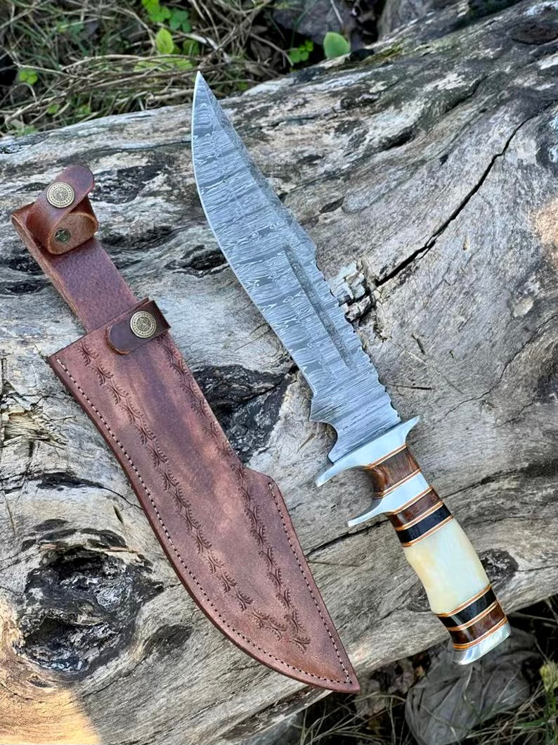 Damascus Steel Sub-Hilt Fighter Bowie Knife 14” – Premium Christmas Gift with Leather Sheath



