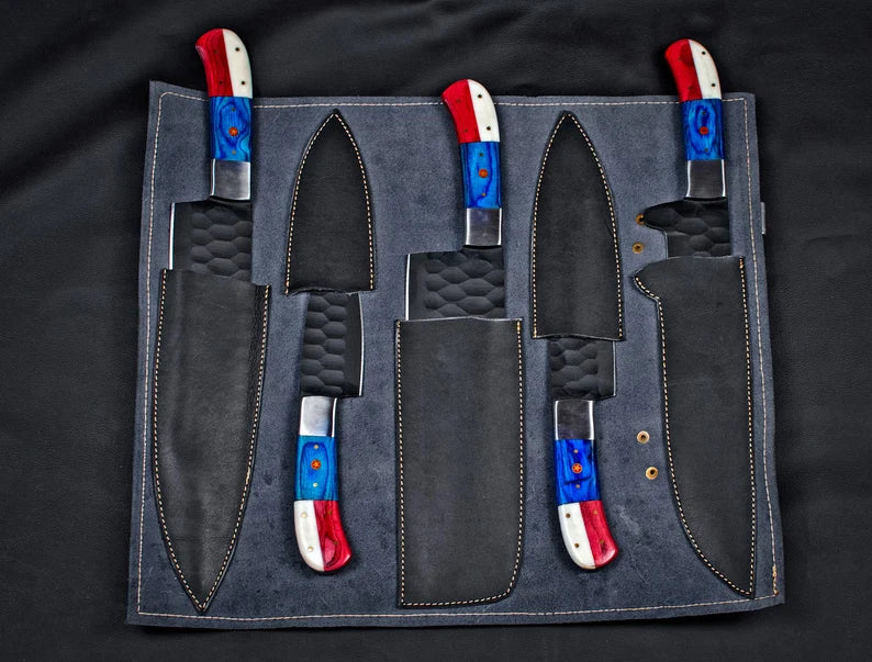 5 Pcs Custom Kitchen Knives Set – Forged Stainless Steel Blades with Texas Flag Handles & Leather Sheath

