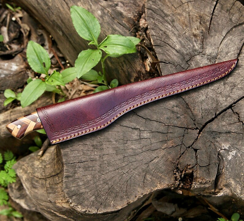 Handmade Damascus Fillet Knife 8” – Rosewood & Olive Wood Handle + Leather Sheath

