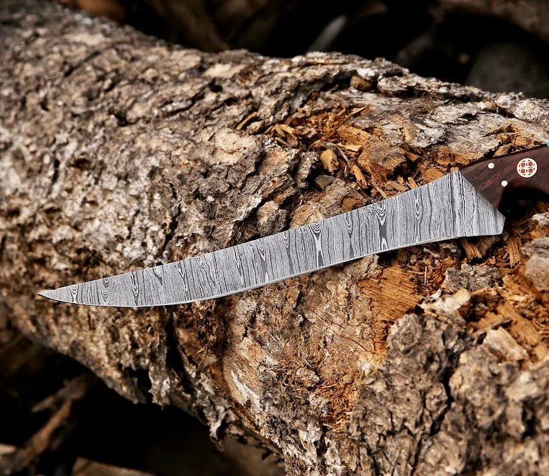 Fishing Fillet & Boning Knife – 13" Damascus Steel Blade with Camel Bone & Rosewood Handle + Leather Sheath