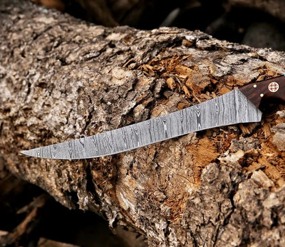 Fishing Fillet & Boning Knife – 13" Damascus Steel Blade with Camel Bone & Rosewood Handle + Leather Sheath