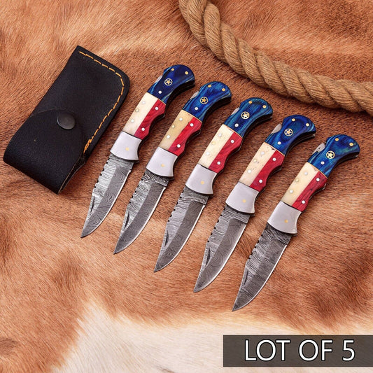 "Exclusive Texas flag Damascus steel pocket knife with elegant leather sheath"