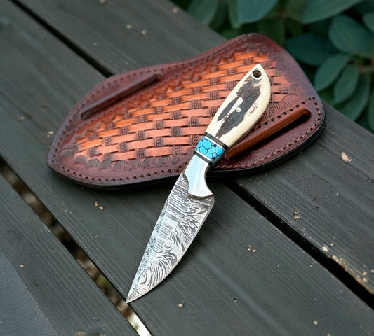 Working Cowboy Knife – 6” Handmade Damascus Blade with Bone & Turquoise Handle