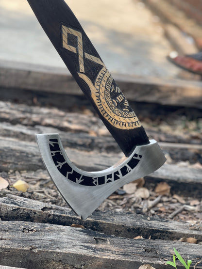 Norse Axe – 20” Hand-Forged High Carbon Steel Blade with Engraved Wooden Handle & Leather Sheath