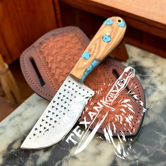 Cowboy Belt Knife Sheath – 8" Custom Knife with Rasp Steel Blade & Turquoise Stone or Olive Wood Handle

