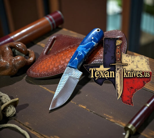 Western Cowboy Knife with Pancake Sheath – Blue & Black Pearl Resin