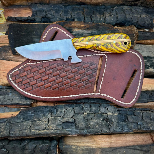 "Cowboy Belt Knife Sheath with J2 Steel Blade and Resin Pine Cone Handle"

