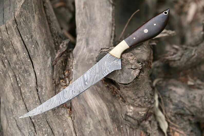 Damascus Steel Fillet Knife with Rosewood Handle and Leather Sheath