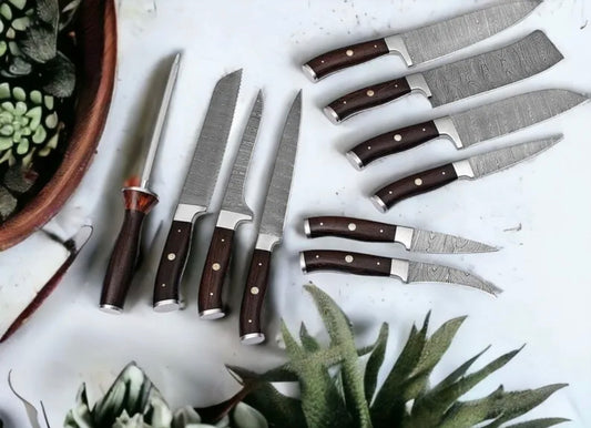 Handmade Damascus 10-Piece Chef Set Kitchen Knife w/ Genuine Leather Sheath