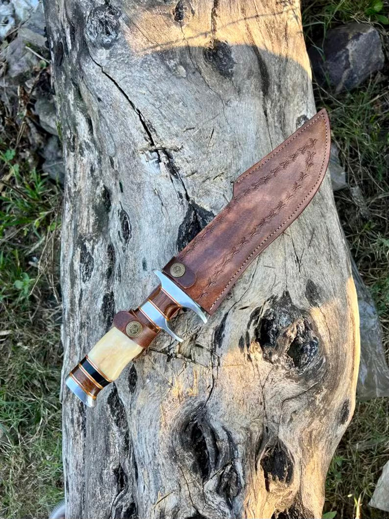 Full View of 14-Inch Sub-Hilt Fighter Bowie Knife with Leather Sheath