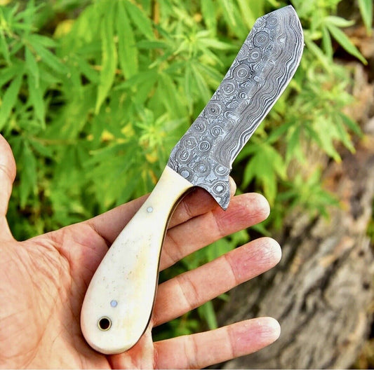 Gareth Bull Shamwari Inspired – 8" Handmade Damascus Knife with Camel Bone Handle & Leather Sheath

