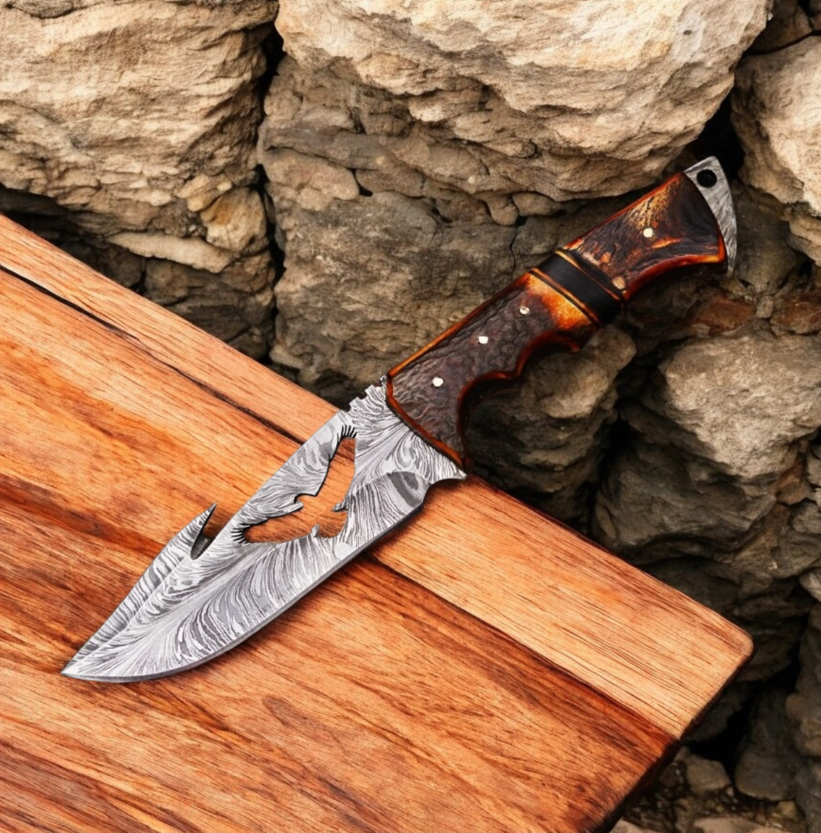 Guthook Hunting Knife with Damascus Steel Blade and Stag Horn Handle - 10 Inches Overall Length, Includes Leather Belt Loop Case

