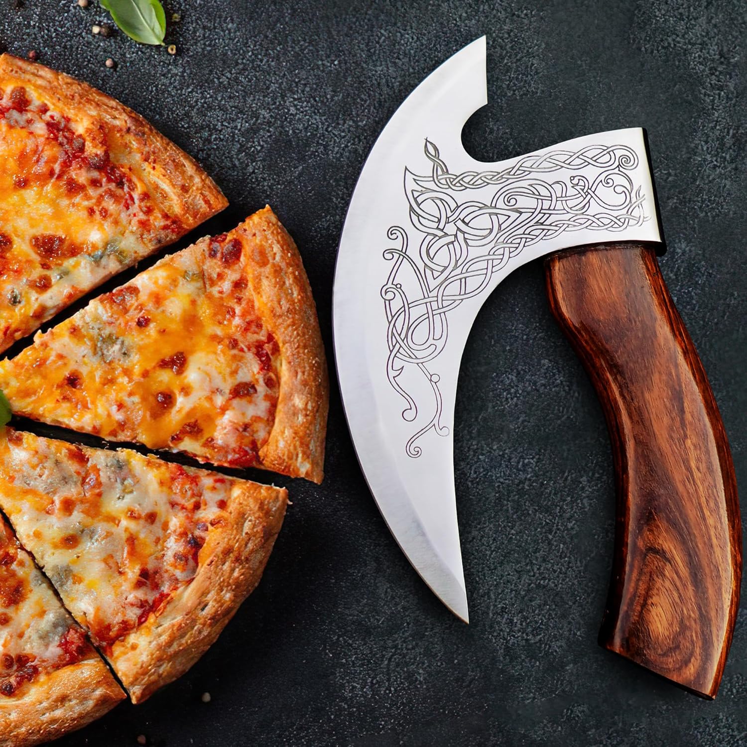 Hand-engraved Viking axe pizza cutter with 8-inch J2 steel blade.