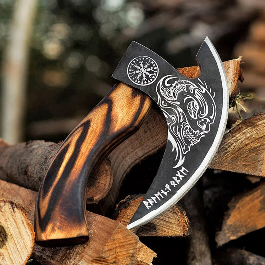 Hand-engraved pizza axe with 8-inch J2 steel blade and wooden handle
