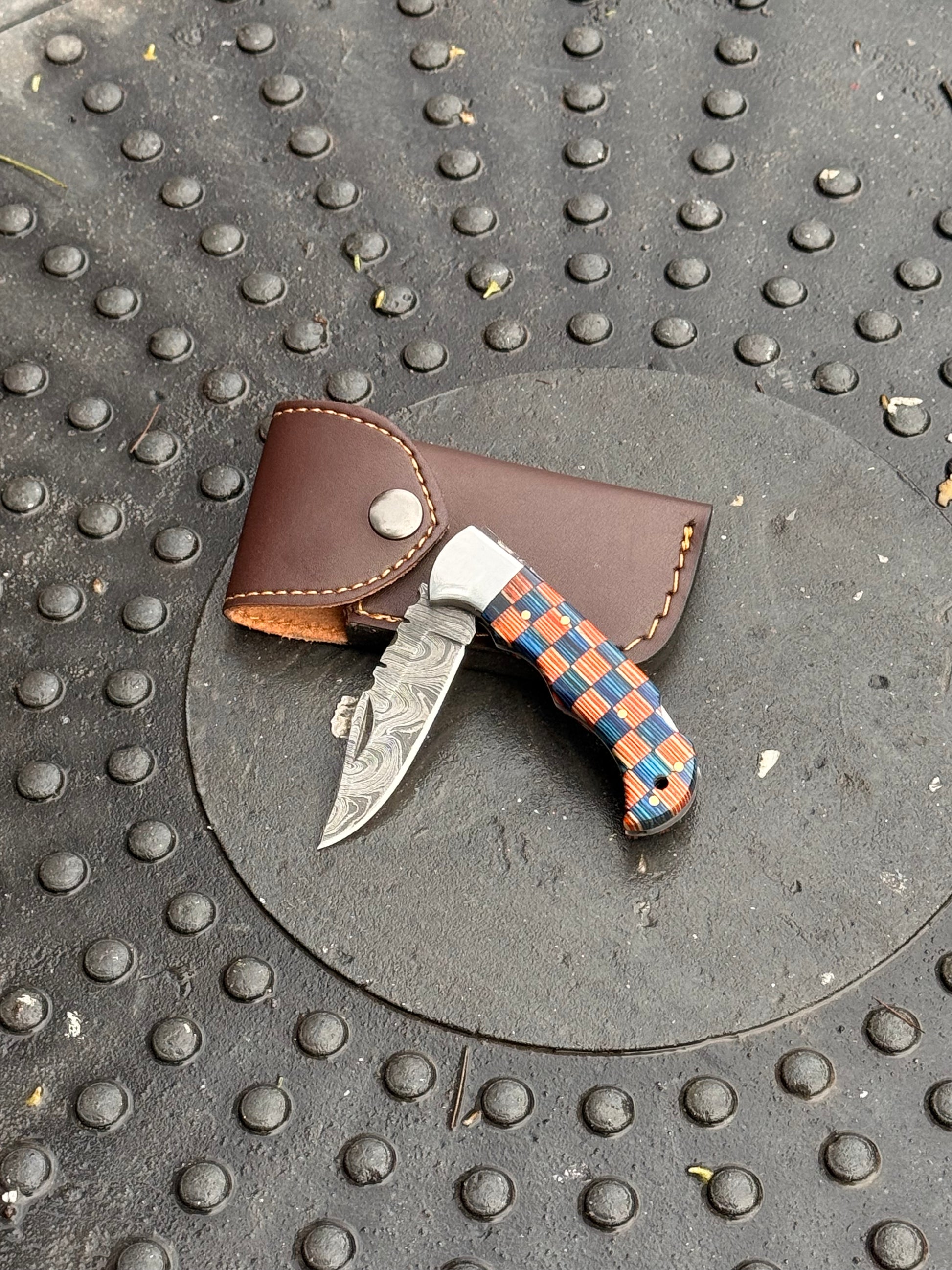 Handcraft Damascus Steel Pocket Knife – 6" Folding Knife with Damascus Blade, Colored Wood Handle & Leather Sheath
