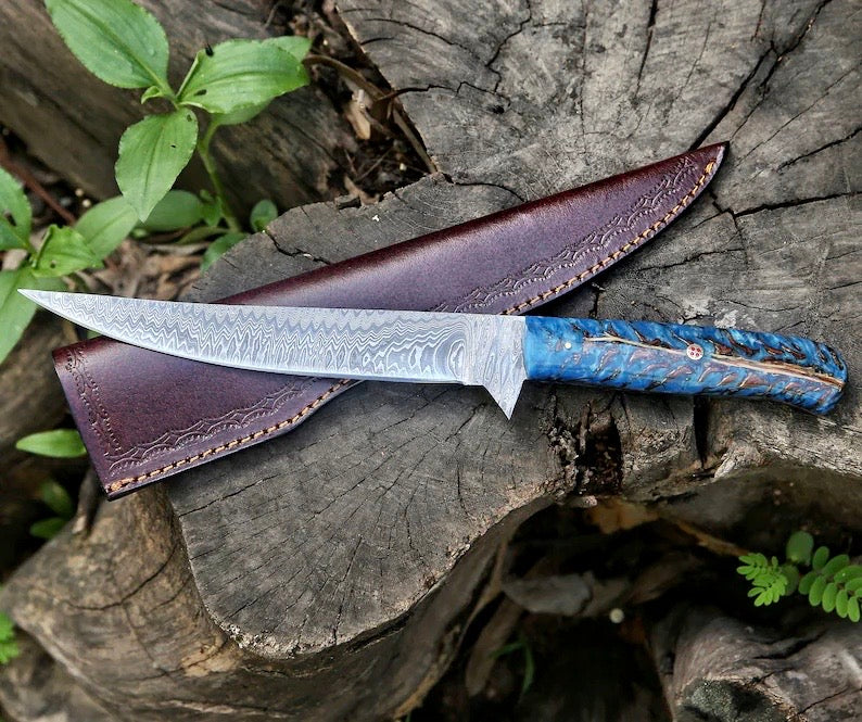 "Handcrafted 13-inch Damascus Fillet Knife with leather sheath