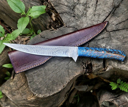 "Handcrafted 13-inch Damascus Fillet Knife with leather sheath