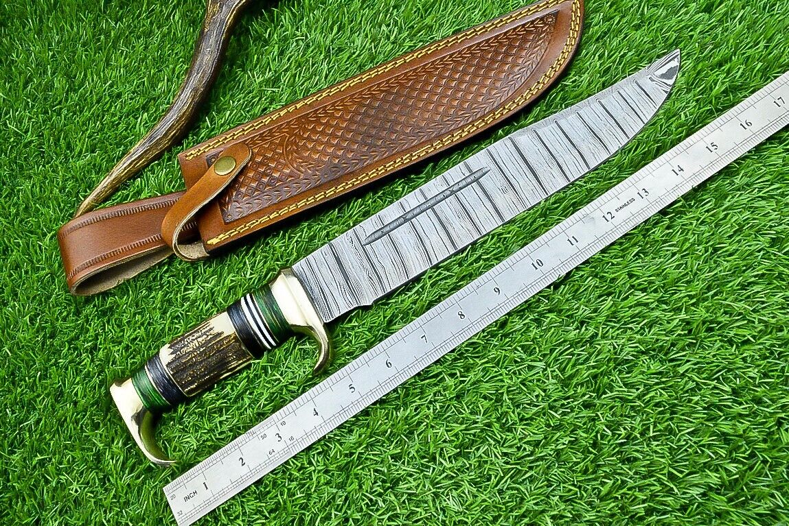 Handcrafted Bowie Knife with Brass Guard and Stag Horn Handle