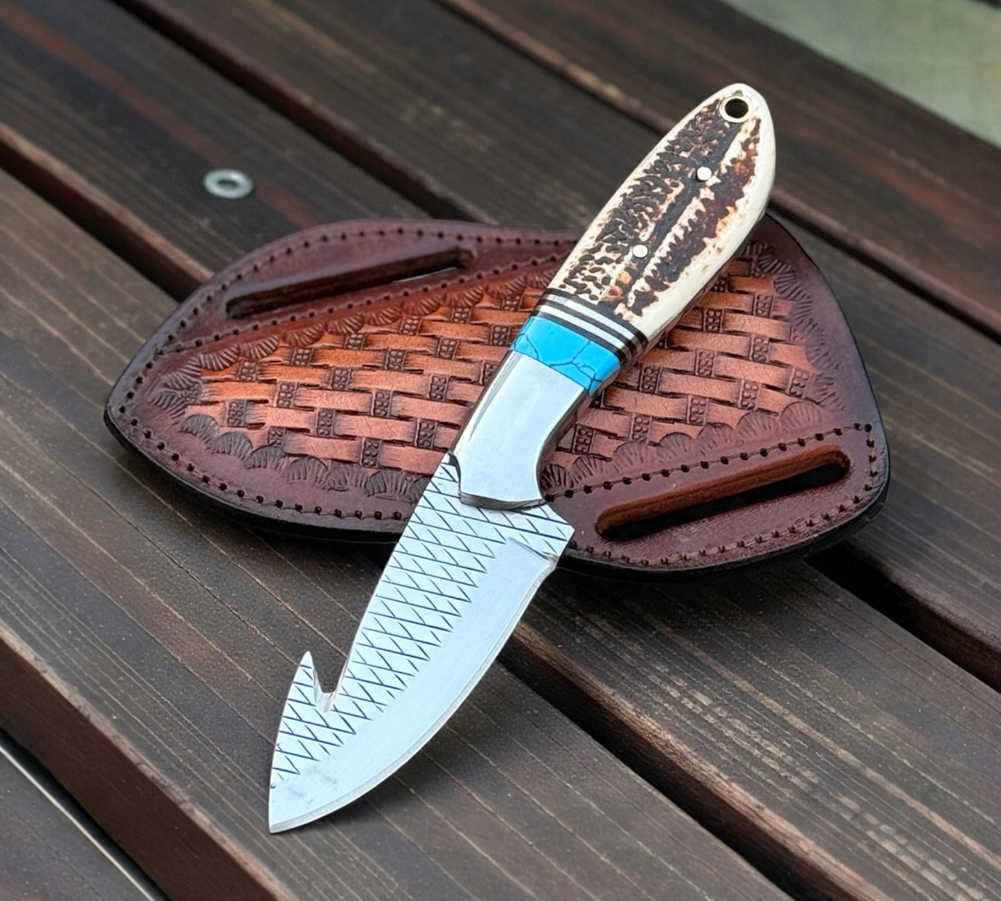 Handcrafted Concealed Belt Knife with Rasp Tool Steel Blade & Turquoise Bone Handle