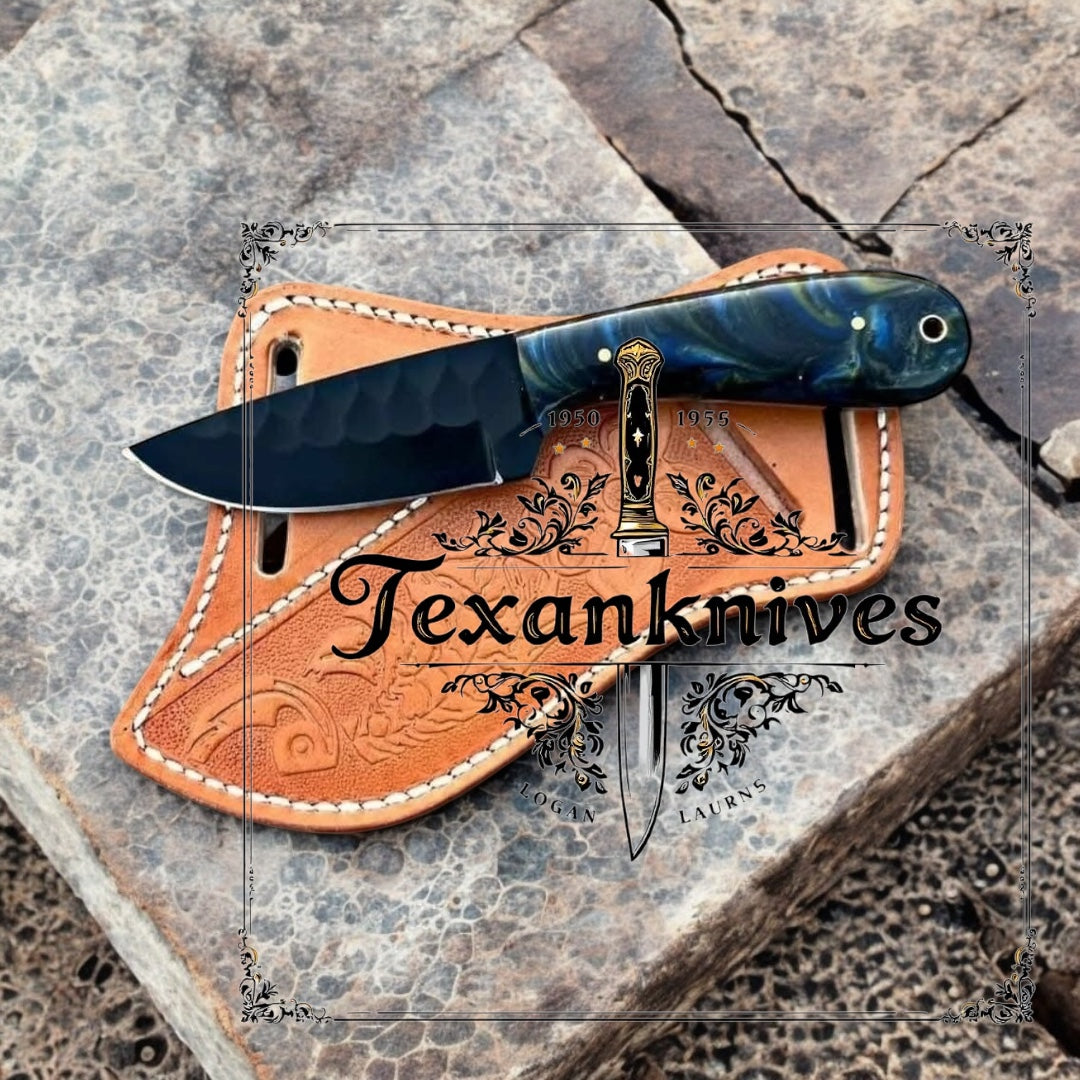 "Handcrafted Cowboy Belt Knife Sheath with Black Rasp Steel Blade - Genuine Leather Holster for Outdoor Use"

