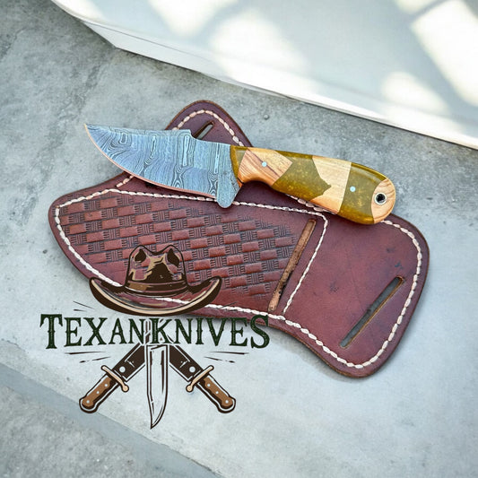 Handcrafted Cowboy Belt Knife Sheath with Damascus Steel Blade & Resin Wood Handle

