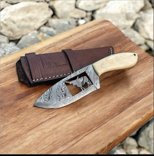 "Handcrafted Cowboy Belt Knife with Damascus Steel Blade and Camel Bone Handle"

