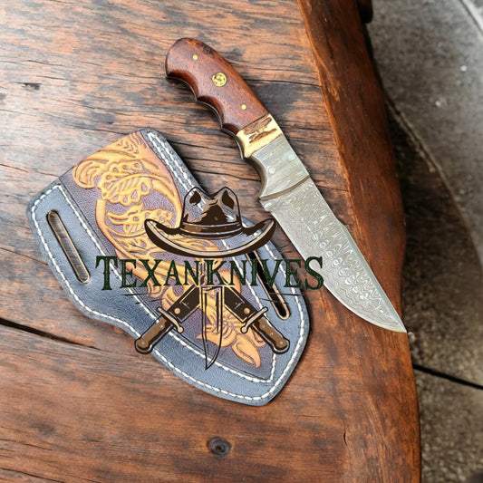 "Handcrafted Cowboy Belt Knife with Damascus Steel Blade and Leather Sheath"


