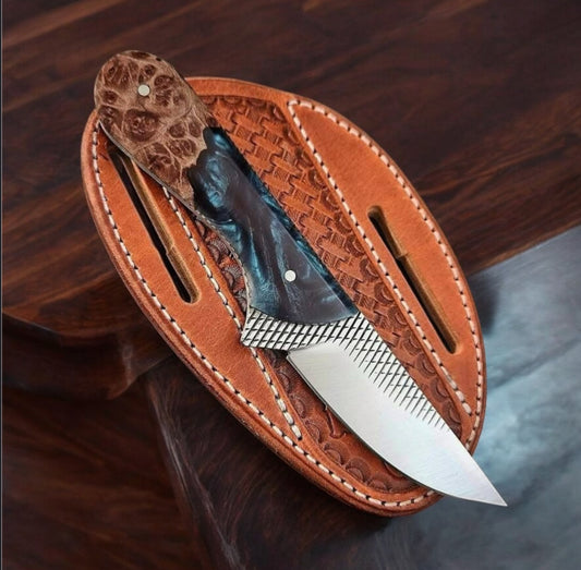 Handcrafted Cowboy Fixed Blade Knife with Resin and Wood Handle – 9" Blade and Leather Case

