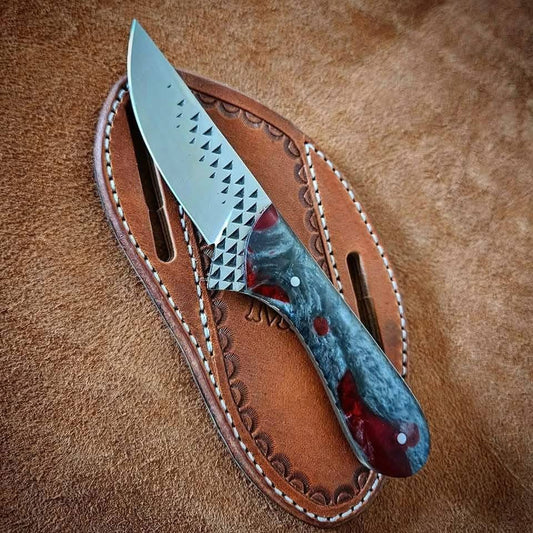 "Handcrafted Cowboy Knife Sheath with Leather Belt Loop – Made from Rasp Tools and Epoxy Resin, 8-Inch Overall Length"