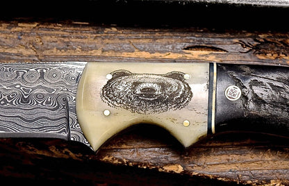 Handcrafted Damascus Skinning Knife with 4.5-inch Blade and Camel Bone, Sheep Horn Handle