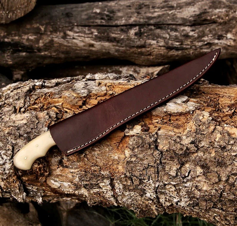 Fishing Fillet & Boning Knife – 13" Damascus Steel Blade with Camel Bone & Rosewood Handle + Leather Sheath