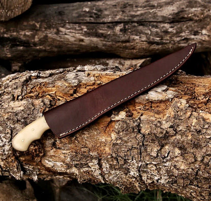 Fishing Fillet & Boning Knife – 13" Damascus Steel Blade with Camel Bone & Rosewood Handle + Leather Sheath