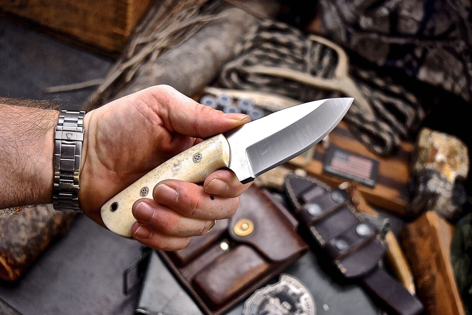 Handcrafted J2 steel skinning knife with 4.5-inch blade and camel bone handle"