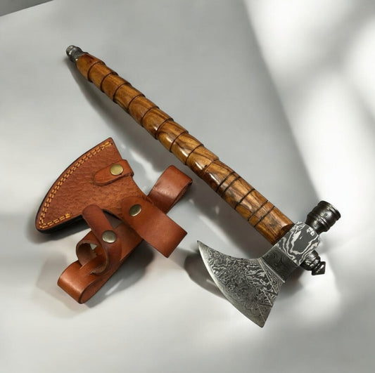 "Handcrafted Smoking Axe with Damascus Steel Blade and Leather Belt Loop Case – 17 Inches Overall Length"

