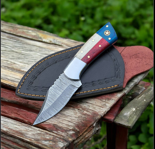 Handcrafted Texas Flag Hunting Knife with Damascus Steel Blade and Wood-Bone Handle



