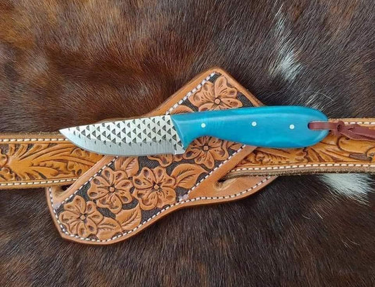 "Handcrafted Western Belt Knife with 8" Blade, Resin Handle, and Leather Case – Perfect for Outdoor Adventures"