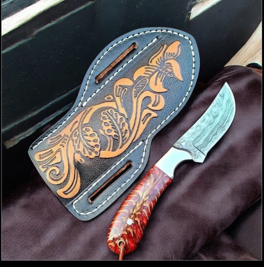 Handcrafted Western Belt Knife with Damascus Steel Blade, Red Pine Cone Handle, and Leather Case - 7.5" Outdoor Knife