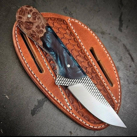 Handcrafted Western Cutlery Knife with 8" Rasp Tool Blade, Epoxy Resin Handle, and Leather Case – Durable and Stylish Design for Outdoor and Culinary Use.