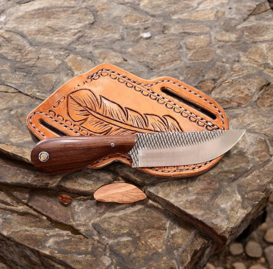 "Handcrafted Western belt knife with Damascus steel blade and rosewood handle"

